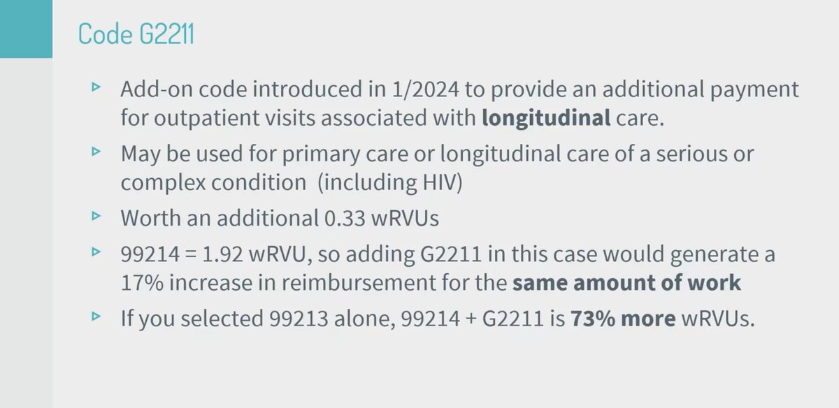 SAIRABT's tweet photo. #idweek2024 @TimSullivanMD Case based discussion on optimizing #billing & #coding to impact #reimbursement and quality metrics #weareid #infectiousdiseases case1: did 4 lab test & continue biktarvy: meets level 4 visit #99214 & always add new longitudinal code #G2211 for #PLWH https://t.co/JLZLjoo6YZ