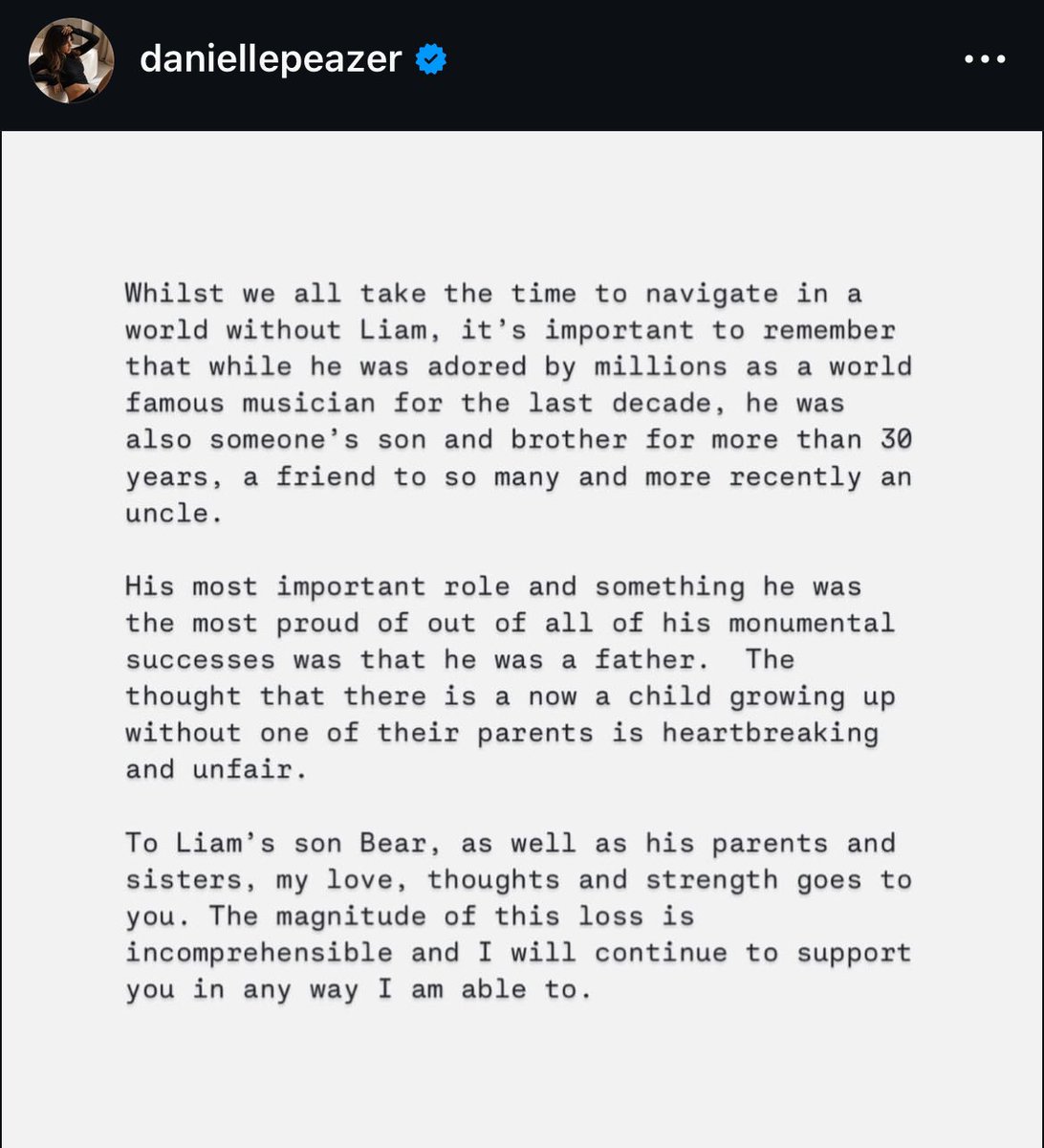 realdailypayne's tweet photo. Danielle Peazer, Liam’s ex-girlfriend and friend, pays tribute to him. 

“His most important role and something was most proud of, out of all his monumental successes was that he was a father.”

“I’m sorry you didn’t ever get to share more of your magic with the world.”

❤️ https://t.co/It6w5Vd1t5