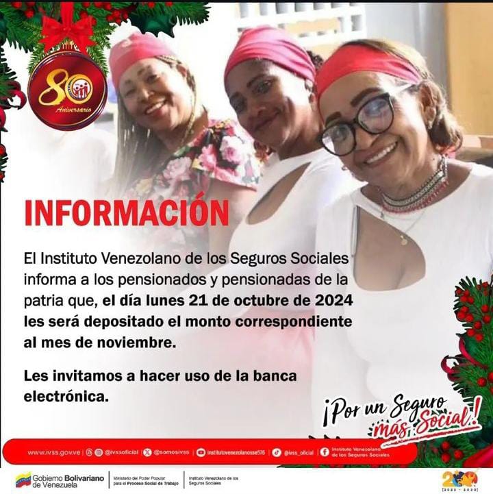 canalpatriadig's tweet photo. 🔔#ATENCION

El #IVSS informa que este lunes 21 de octubre se realizará el pago de pensión y de un mes de aguinaldo para los pensionados y pensionadas de la Patria, otorgando por el presidente Nicolas Maduro.

Asi mismo se espera la activación del Bono Contra la Guerra Económica para este lunes