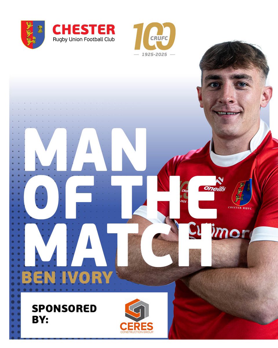 RUFCChester's tweet photo. Hat-trick Hero! ๐
Congratulations to Ben Ivory, our First XV Man of the Match for his outstanding performance against Tynedale, bagging a hat-trick! ๐
Sponsored by Ceres Construction Group.
#ChesterRUFC #HatTrickHero #ManOfTheMatch #upthechess https://t.co/Y2wvQY4z5G