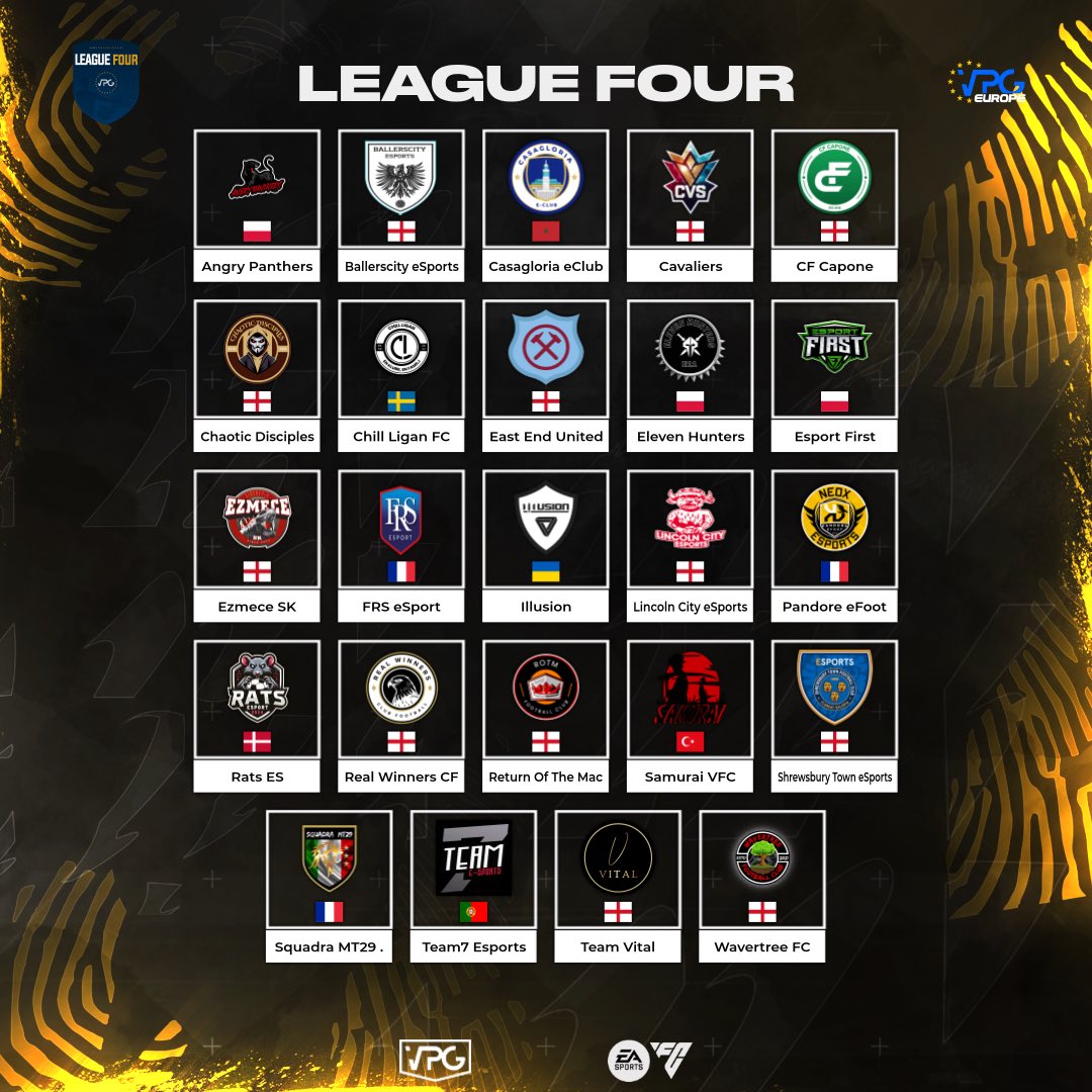 Virtual Pro Gaming (@officialvpg) on Twitter photo π Welcome to League Four!
π <a href="/VPGEurope/">Virtual Pro Gaming | Europe</a> πͺπΊ
β½οΈ <a href="/EASPORTSFC/">EA SPORTS FC</a> 11v11 Clubs!
ποΈ October - December.
ππ½ The teams!
<a href="/DragonKacp65011/">Angry Panthers Esport</a> π΅π±
<a href="/ROTM2024/">ROTM</a> π¬π§
@therealcfcapone π¬π§
<a href="/RatsEsport/">Rats ESport</a> π©π°
<a href="/ChillLigan/">Chill Ligan FC</a> πΈπͺ
@chaotices94 π¬π§
@eSportsSTFC π¬π§
<a href="/ImpsEsports/">Imps Esports</a> π¬π§
<a href="/EsportFirst1/">Esport First</a> π΅π± π Welcome to League Four!
π <a href="/VPGEurope/">Virtual Pro Gaming | Europe</a> πͺπΊ
β½οΈ <a href="/EASPORTSFC/">EA SPORTS FC</a> 11v11 Clubs!
ποΈ October - December.
ππ½ The teams!
<a href="/DragonKacp65011/">Angry Panthers Esport</a> π΅π±
<a href="/ROTM2024/">ROTM</a> π¬π§
@therealcfcapone π¬π§
<a href="/RatsEsport/">Rats ESport</a> π©π°
<a href="/ChillLigan/">Chill Ligan FC</a> πΈπͺ
@chaotices94 π¬π§
@eSportsSTFC π¬π§
<a href="/ImpsEsports/">Imps Esports</a> π¬π§
<a href="/EsportFirst1/">Esport First</a> π΅π±