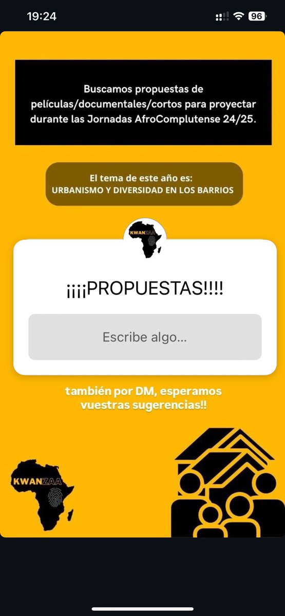 Hola!!! Estamos buscando propuestas de películas/cortos/documentales para proyectar durante las III Jornadas AfroComplutense.
Recibimos propuestas por Instagram, X o email (kwanzaa@ucm.es)
🤎✊🏾