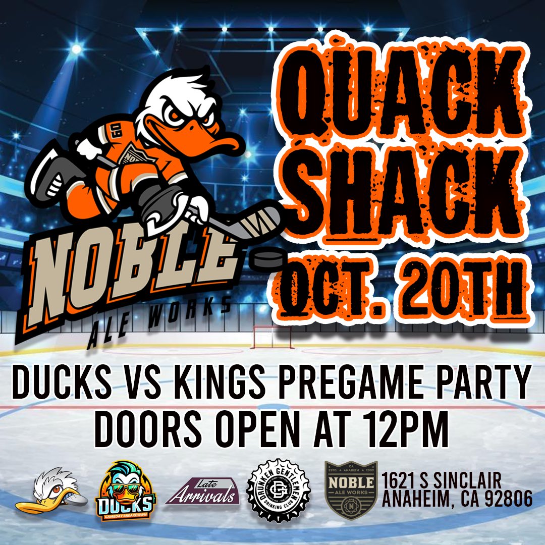 NobleAleWorks's tweet photo. 🏒 Ducks vs Kings Today at 5PM! 🏒
Poll: Who’s taking the W tonight?
🦆 Ducks
👑 Kings
Doors open at 12 PM for the ultimate pre-game and post-game fun! We’ll keep the party going all the way until 10 PM. 🎉
#flytogether #AnaheimEvents #noblealeworks https://t.co/6AWQec1TJQ