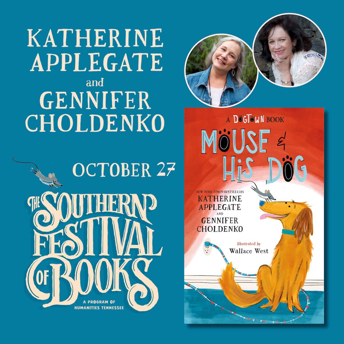Katherine Applegate (kaaauthor.bsky.social) (@kaaauthor) on Twitter photo A week from today, Gennifer <a href="/choldenko/">Gennifer Choldenko</a> and I will be in lovely #NashvilleTN at the <a href="/SoFestofBooks/">Southern Festival of Books</a>. 🐶🐭
We'll be chatting about our new #Dogtown novel, MOUSE AND HIS DOG. Join us!
Festival info: sofestofbooks.org <a href="/MacKidsBooks/">MacKids Books</a> A week from today, Gennifer <a href="/choldenko/">Gennifer Choldenko</a> and I will be in lovely #NashvilleTN at the <a href="/SoFestofBooks/">Southern Festival of Books</a>. 🐶🐭
We'll be chatting about our new #Dogtown novel, MOUSE AND HIS DOG. Join us!
Festival info: sofestofbooks.org <a href="/MacKidsBooks/">MacKids Books</a>