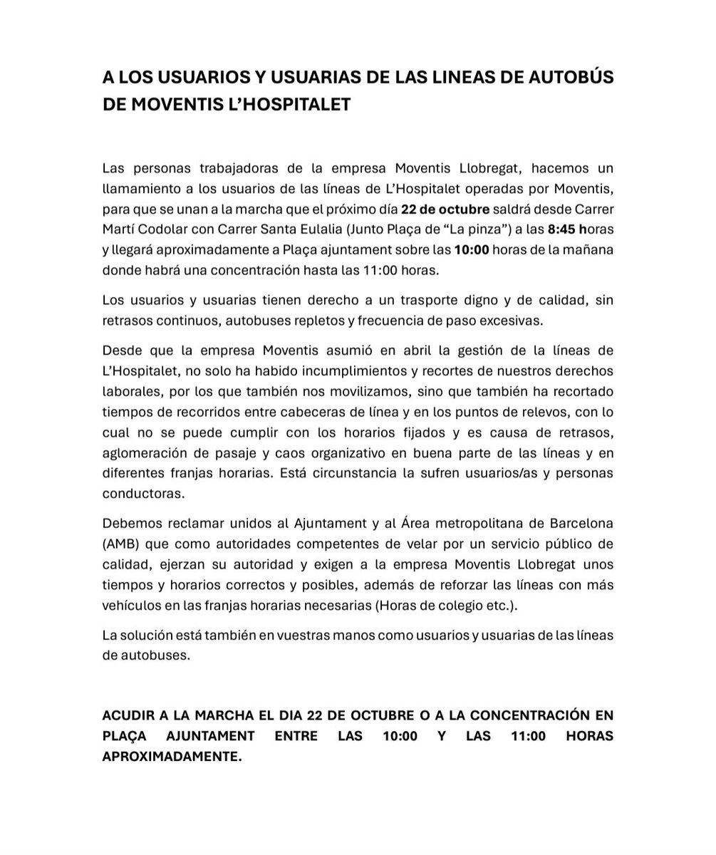 En apoyo a nuestros compañeros de Moventis, y a l@s usuari@s de L'H afectad@s por la mala gestión, incumplimiento de horarios, esperas eternas... 22/10/204. Concertar Plaça del Ayuntament. Units fem força"💪🏽💪🏽