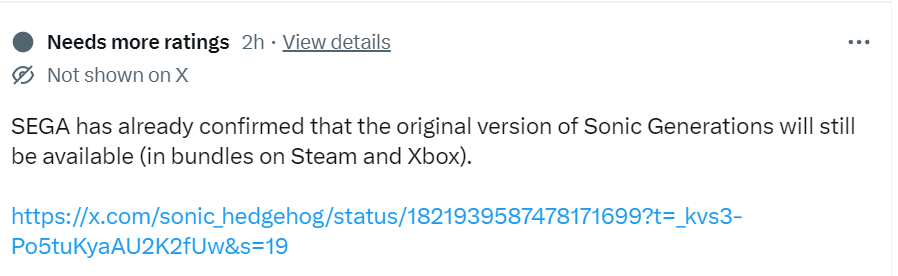 Grummz's tweet photo. They censored Sonic X Shadow Generations...

- Rouge covered up even more than last time.

- No more hand in face to a female, can't have that!

- Fat shaming removed. Health and fitness have been fixed by lowering standards.

I can tell you where this all comes from: Western activist localization departments. Every time.

Community notes coming in to say "But Sega still sell the old version!" is hilarious brain-rot. This is why you should join Community Notes and not leave it to the lefties. (link in reply). 

@SEGA @sonic_hedgehog