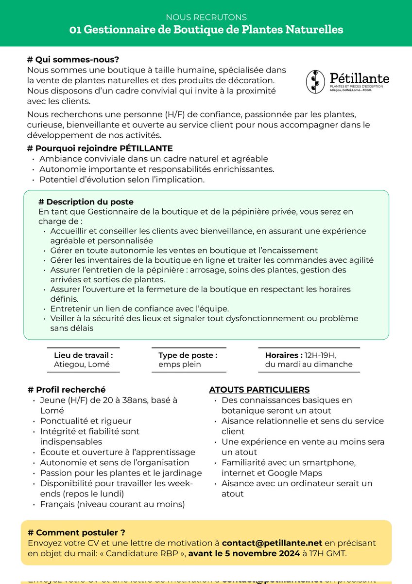 Coucou💚 team Twitter ! 
On agrandit notre équipe et on cherche une personne passionnée pour nous rejoindre. Si tu connais quelqu’un qui a la main verte (ou presque), aide-nous à trouver cette pépite !
Merci pour le relais
petillante.net/poste/gestionn…