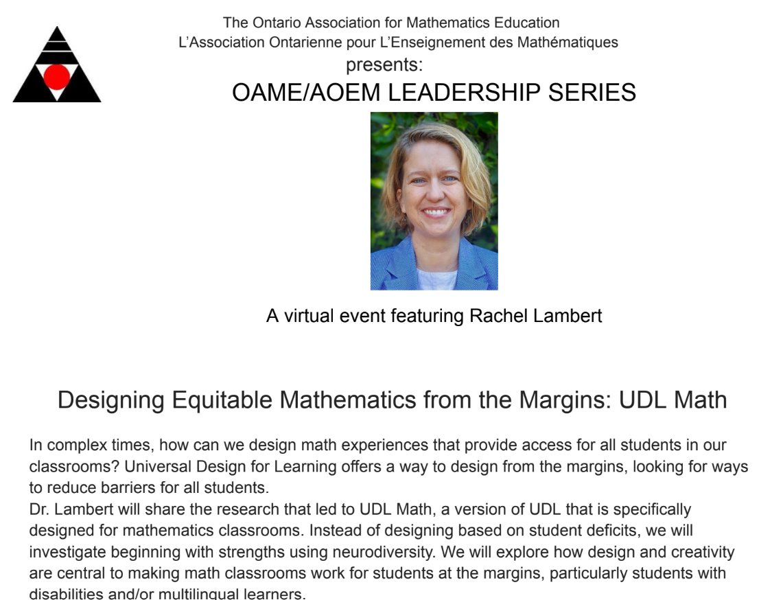 Mark Chubb (@markchubb3) on Twitter photo I am excited to announce this year's OAME Leadership virtual event. Dr Rachel Lambert (<a href="/mathematize4all/">Rachel Lambert (look for me on sky now)</a>) will be sharing her session "Designing Equitable Mathematics from the Margins: UDL Math" with educators across Ontario. Register at: oame.on.ca/mcis/index.php…
Pls retweet I am excited to announce this year's OAME Leadership virtual event. Dr Rachel Lambert (<a href="/mathematize4all/">Rachel Lambert (look for me on sky now)</a>) will be sharing her session "Designing Equitable Mathematics from the Margins: UDL Math" with educators across Ontario. Register at: oame.on.ca/mcis/index.php…
Pls retweet