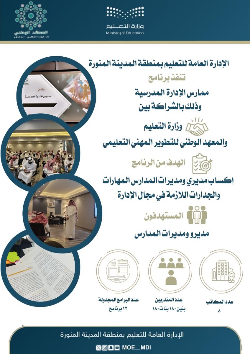 MOE_MDI's tweet photo. تنظم إدارة الموارد البشرية  بـ #تعليم_المدينة_المنورة ممثلة بفريق التديب وبإشراف المعهد الوطني للتطوير المهني التعليمي البرنامج التدريبي المركزي (ممارس الإدارة المدرسية)، والذي يهدف إلى تمكين مديري ومديرات المدارس نحو التميز من خلال إكسابهم المهارات والخبرات اللازمة في مجال إدارة المدرسة.