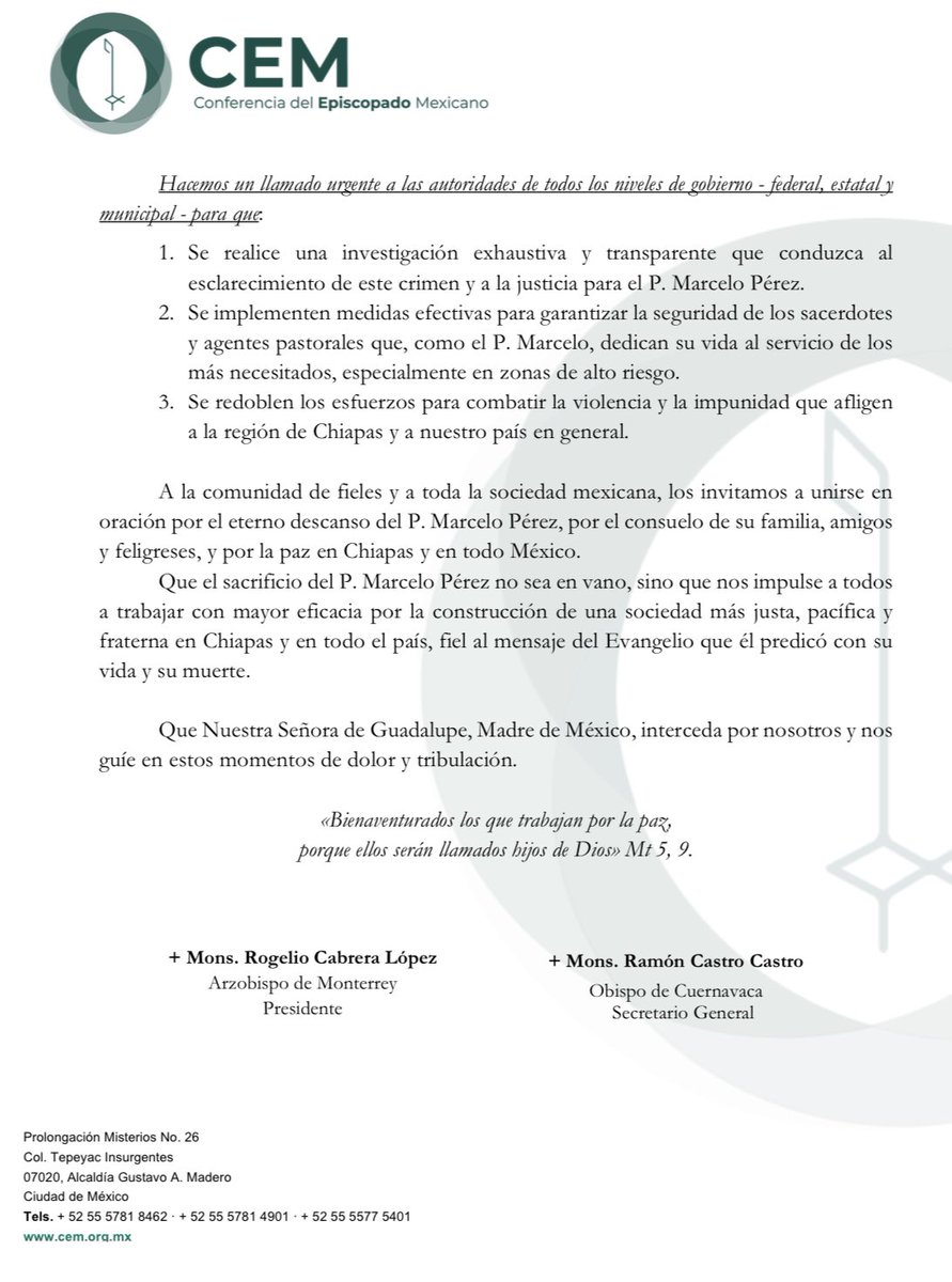 Comunicado de la Conferencia del Episcopado Mexicano, sobre el asesinato del P. Marcelo Pérez, de la Diócesis de San Cristóbal de Las Casas

«La paz es un bien que supera cualquier barrera, porque es un bien de toda la humanidad. La violencia y la injusticia no tienen la última