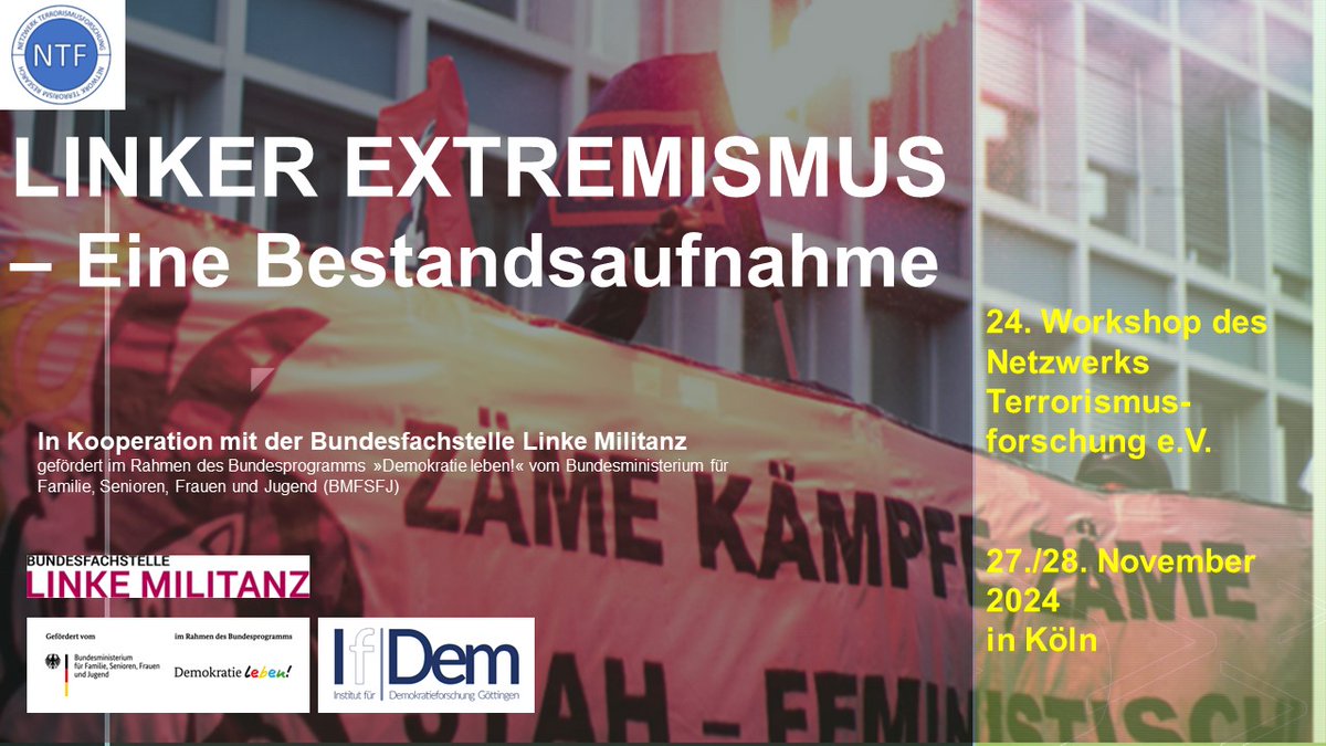 NTFeV's tweet photo. 🗓 FRISTVERLÄNGERUNG für  Abstracts! Am 27. und 28. November 2024 findet der nächste Workshop des  NTF zum Thema "Linker Extremismus" statt! Abstracts können noch bis zum 30. Oktober eingereicht werden an: NTF24@ntfev.org oder 
Mehr Infos unter: https://t.co/sUJ8X1EhBd https://t.co/k0mqqL5oGs