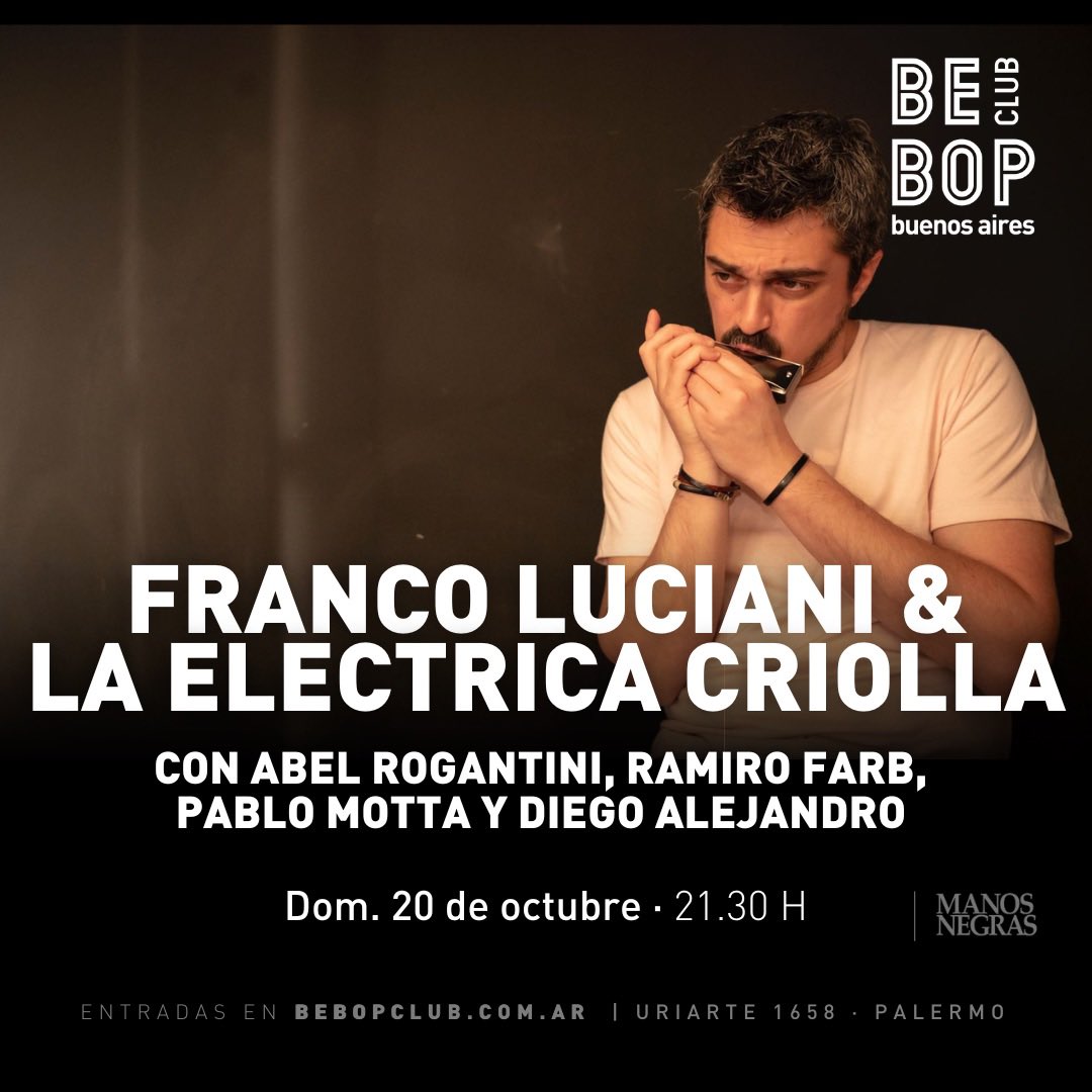 Franco Luciani (@francolucianiok) on Twitter photo Llegó el día‼️ Es HOY con
La ELÉCTRICA⚡️CRIOLLA 🧉
En Bebop🎶❤️
Sacá tu entrada🎫 en Passline y nos vemos allí 💪🏻
<a href="/bebopclub/">Bebop Club</a>
<a href="/karinanisinman/">Karina Nisinman</a>
#francoluciani #jazz #musicaargentina Llegó el día‼️ Es HOY con
La ELÉCTRICA⚡️CRIOLLA 🧉
En Bebop🎶❤️
Sacá tu entrada🎫 en Passline y nos vemos allí 💪🏻
<a href="/bebopclub/">Bebop Club</a>
<a href="/karinanisinman/">Karina Nisinman</a>
#francoluciani #jazz #musicaargentina