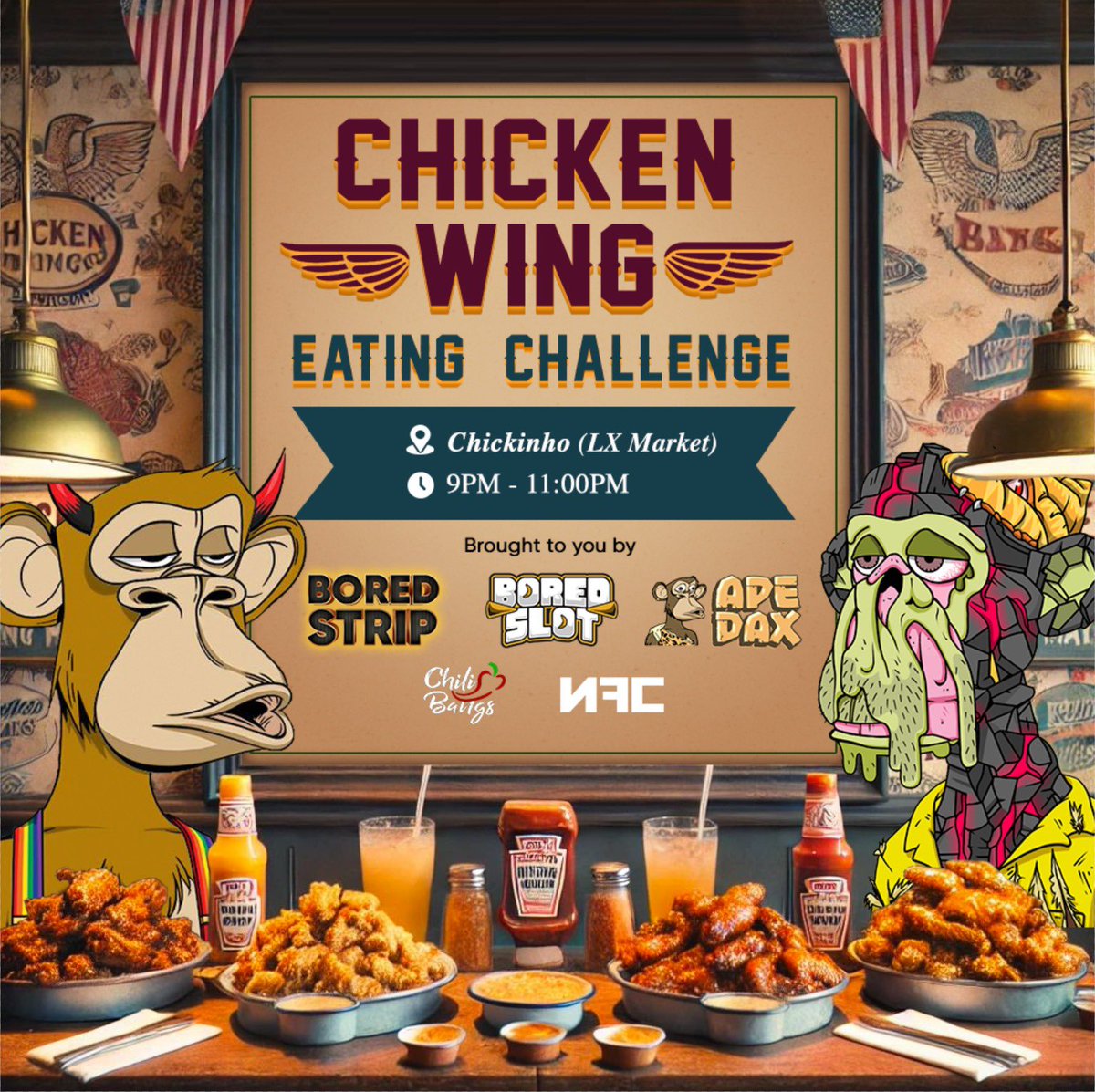 Who’s up for a Chicken Wing Challenge, only in ApeFest Lisbon <a href="/BoredApeYC/">Bored Ape Yacht Club 🍌</a> 
DM me!!! 🔥

🍗 Apes Go Cuckoo 🍗

lu.ma/bhtw5zuv