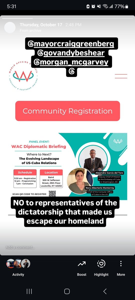 ACAKentucky's tweet photo. @MarioJPenton Ayúdenos a parar esta reunión de representantes del Castrismo con el World Affair Council de KY.
En este estado hay más de 55,000 cubano americanos y no queremos diálogo con la dictadura. https://t.co/uMDFdHkffq