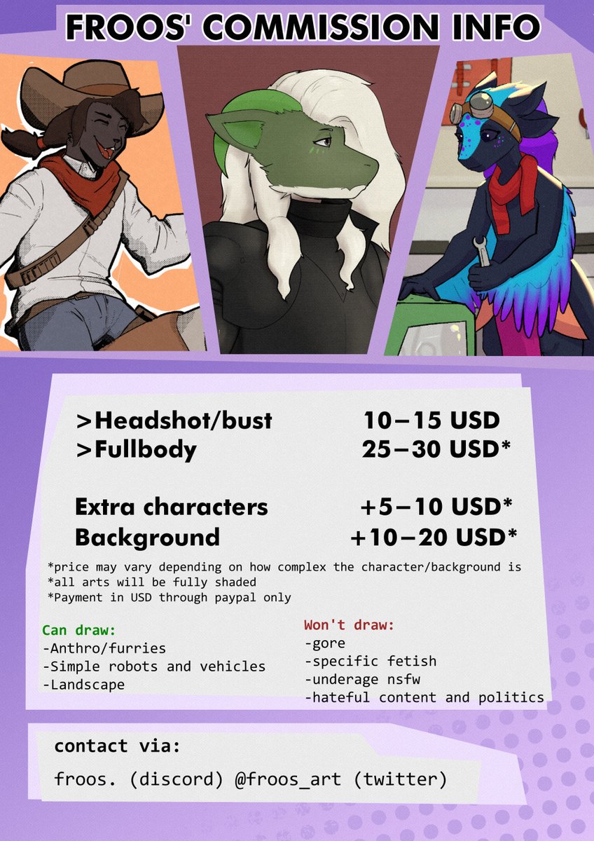 hey hey comms are now open.
i only accept paypal (USD),
shoot me a dm here or on discord (froos.)