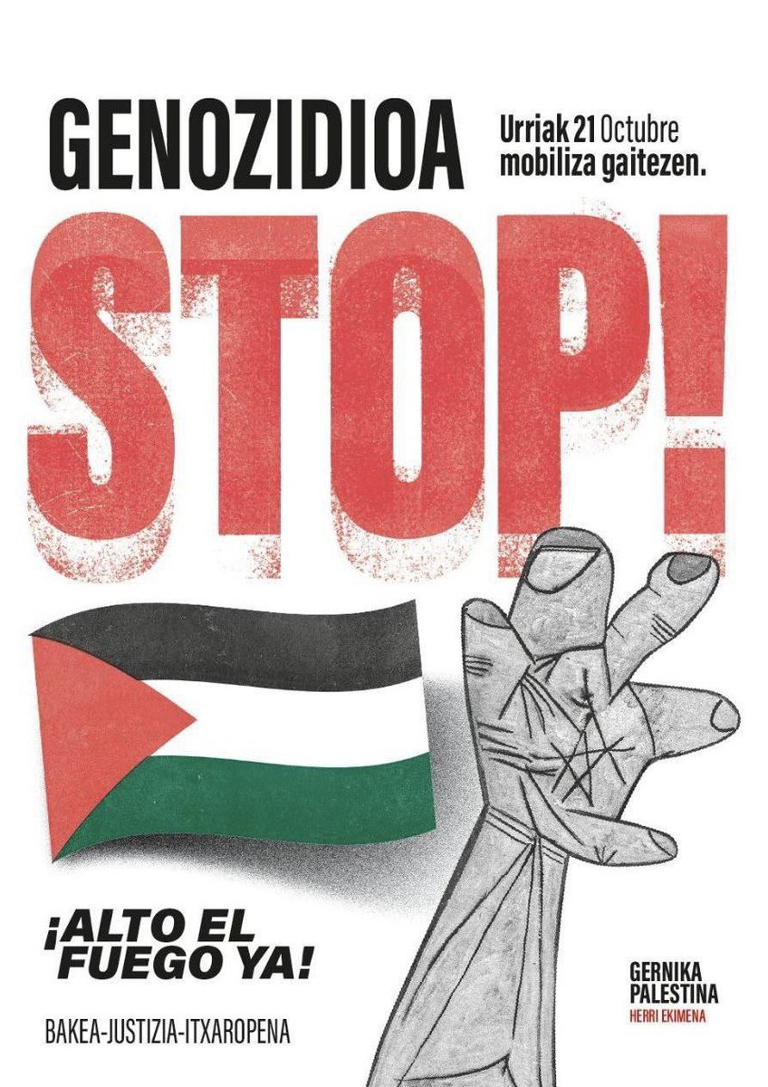 Euskal Herri luze zabalean 'Genozidioa STOP!' esateko hitzordua daukagu astelehen honetan herri eta hiri ezberdinetan <a href="/GerPalesti2023/">Gernika-Palestina Herri Ekimena</a> herri ekimenak deituta.

Palestinako herriari gure elkartasuna ozen adierazteko eta su etena eskatzeko mobiliza gaitezen.