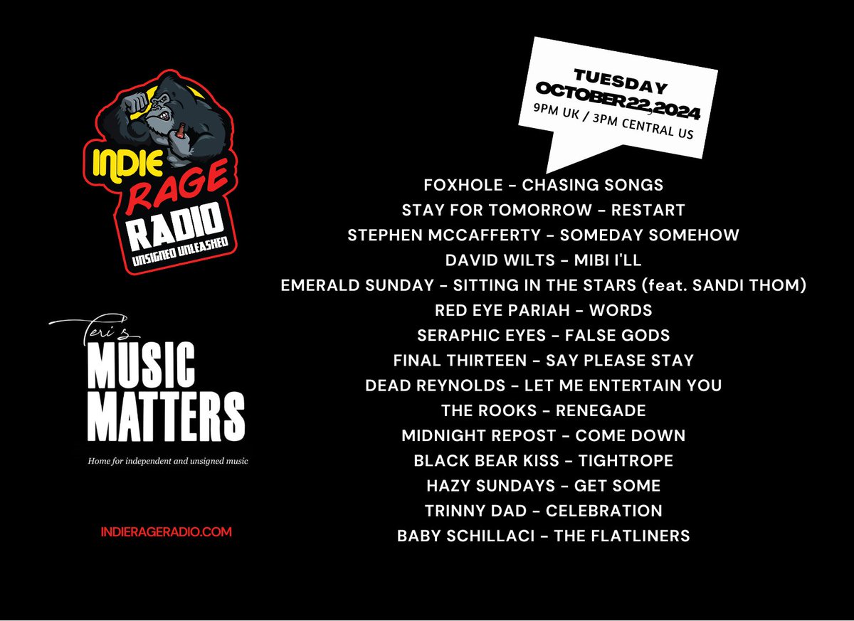 Teri's MusicMatters (@musicmatters_t) on Twitter photo Tuesday 9pmUK Tune into <a href="/IndieRageRadio/">Indie Rage Radio</a>
🔊indierageradio.com
#MusicMatters play fantastic new music from #FinalThirteen <a href="/dead_reynolds/">Dead Reynolds</a> <a href="/therookstweet/">The Rooks</a> #MidnightRepost <a href="/blackbearkiss/">Black Bear Kiss</a> <a href="/HazySundaysband/">Hazy Sundays</a> #TrinnyDad <a href="/baby_schillaci/">Baby Schillaci</a> +more
Enjoy!
Info: facebook.com/MusicMattersWi… Tuesday 9pmUK Tune into <a href="/IndieRageRadio/">Indie Rage Radio</a>
🔊indierageradio.com
#MusicMatters play fantastic new music from #FinalThirteen <a href="/dead_reynolds/">Dead Reynolds</a> <a href="/therookstweet/">The Rooks</a> #MidnightRepost <a href="/blackbearkiss/">Black Bear Kiss</a> <a href="/HazySundaysband/">Hazy Sundays</a> #TrinnyDad <a href="/baby_schillaci/">Baby Schillaci</a> +more
Enjoy!
Info: facebook.com/MusicMattersWi…
