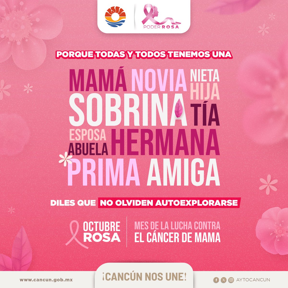 AytoCancun's tweet photo. Autoexplorarse una vez al mes ayudará a detectar a tiempo cualquier cambio. En #CancúnNosUne la prevención. ¡Entre todas y todos luchemos contra el Cáncer de Mama! 🌸
 
#PoderRosa
#OctubreRosa
@anapatyp https://t.co/tYl8HzNtPy