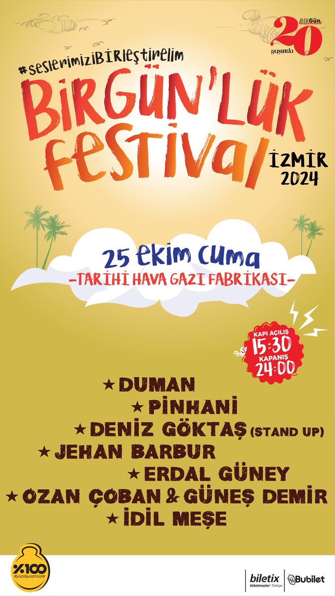 Yıllar sonra BirGün’lük Festival’de yeniden bir aradayız. 
25 Ekim’de, bu kez İzmir’de… 

Duman, Pinhani, Jehan Barbur, Erdal Güney, Ozan Çoban &amp; Güneş Demir, İdil Meşe ve stand-up gösterisiyle Deniz Göktaş’ın sahne alacağı festival coşkusu yaklaşıyor. 

Avantajlı biletlerimizi