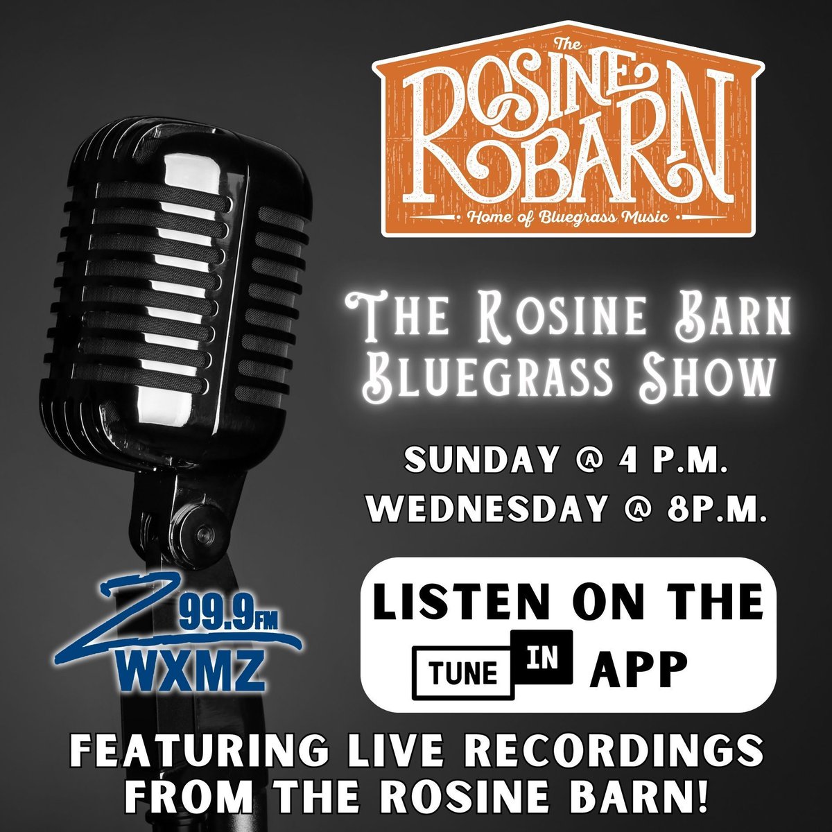 Don't forget about The Rosine Barn Radio Show this afternoon at 4 p.m. for great bluegrass music on WXMZ 99.9 FM or on the Tune-In app! #rosinebarn #bluegrass