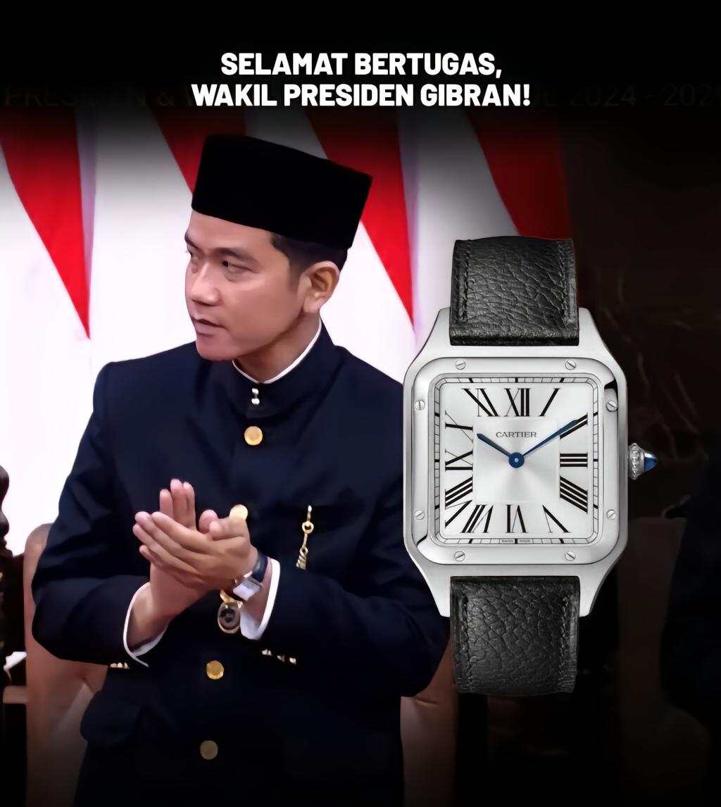CakKhum's tweet photo. Presiden Prabowo yang kekayaannya 2 Triliun cuma pakai jam 1 jutaan, sedangkan Wapres Gibran pakai Jam 80 juta

Prabowo memakai jam tangan Timex Expedition Scout TW4B04700. Jam tangan militer itu harganya sejutaan.

Wakil Presiden Gibran Rakabuming Raka memakai Cartier Santos-Dumont dengan black leather strap. Di situs resminya, jam tangan itu dibanderol 4000 GBP atau sekitar Rp80 juta.