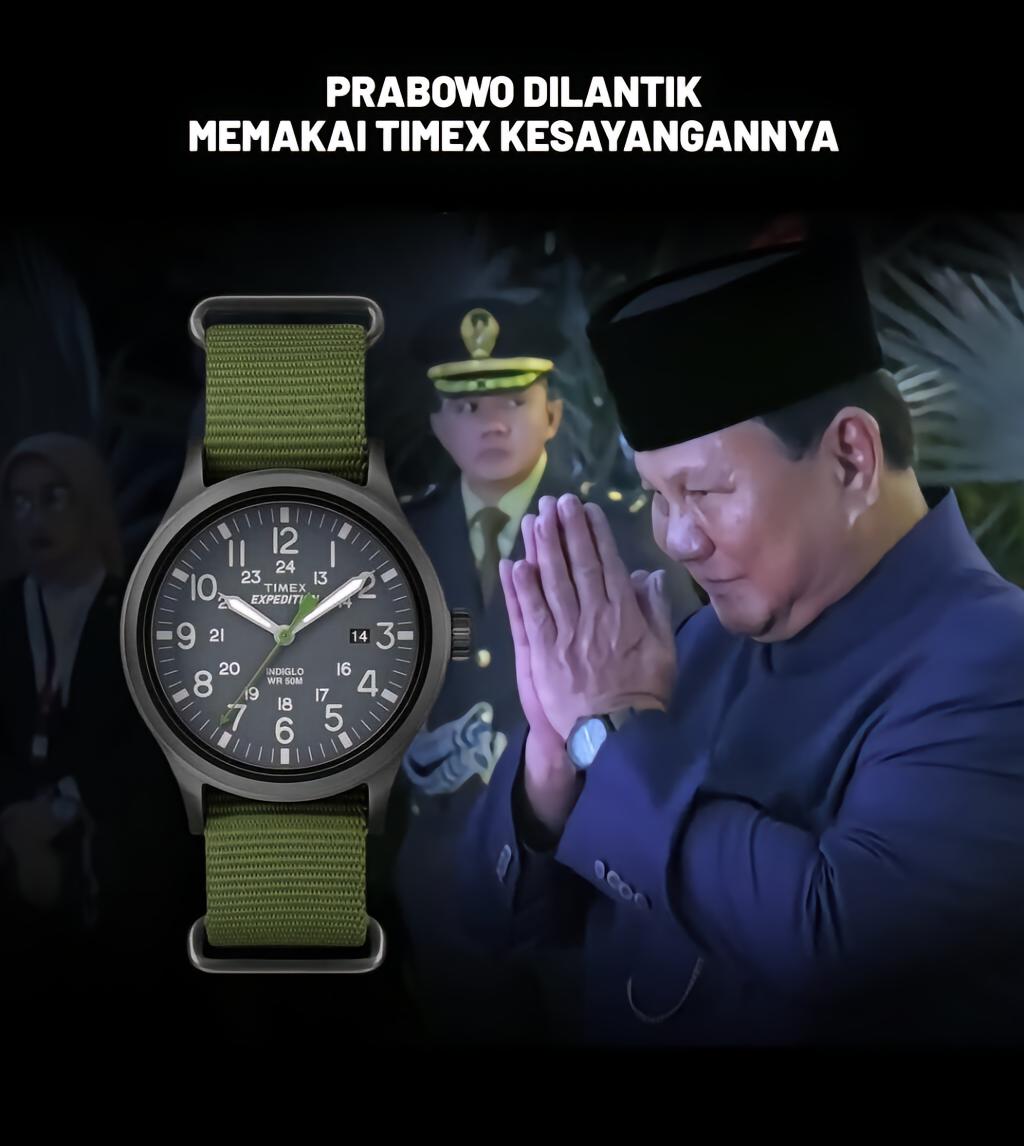 CakKhum's tweet photo. Presiden Prabowo yang kekayaannya 2 Triliun cuma pakai jam 1 jutaan, sedangkan Wapres Gibran pakai Jam 80 juta

Prabowo memakai jam tangan Timex Expedition Scout TW4B04700. Jam tangan militer itu harganya sejutaan.

Wakil Presiden Gibran Rakabuming Raka memakai Cartier Santos-Dumont dengan black leather strap. Di situs resminya, jam tangan itu dibanderol 4000 GBP atau sekitar Rp80 juta.