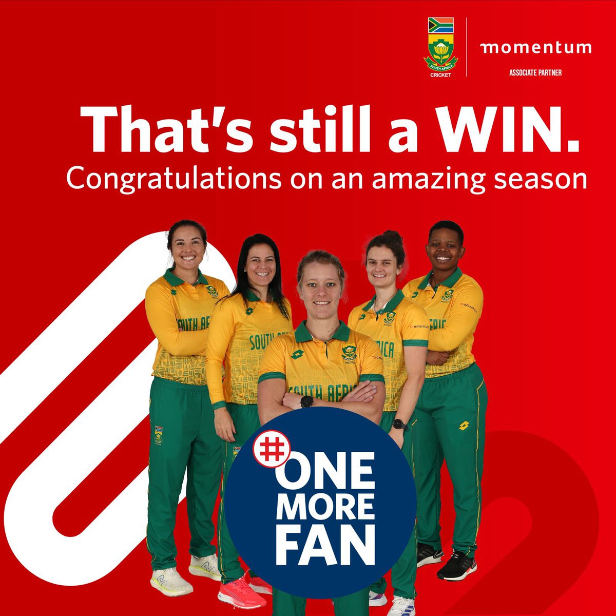 Momentum_za's tweet photo. Though the @ProteasWomenCSA team didnโt take the title, thatโs still a win in our eyes. ๐ What an incredible journey itโs been. Every ball bowled and every boundary smashed showed your passion and resilience.
Youโve gained #OneMoreFan with every match, and weโre proud to celebrate an amazing season with you. Congratulations on all youโve achieved! ๐๐ฟ๐ฆ
