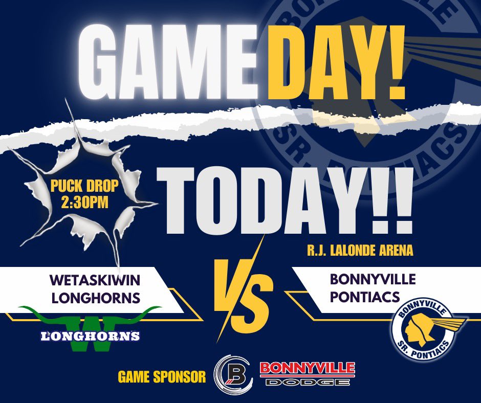 🟡🔵GAME DAY🔵🟡

The Sr Pontiacs are home this afternoon to take on the Wetaskiwin Longhorns at the R.J. Lalonde Arena. Puck drop this afternoon is 2:30🏒
    
Thanks to todays game day sponsor Bonnyville Dodge. 

🚨Go Pontiacs Go🚨