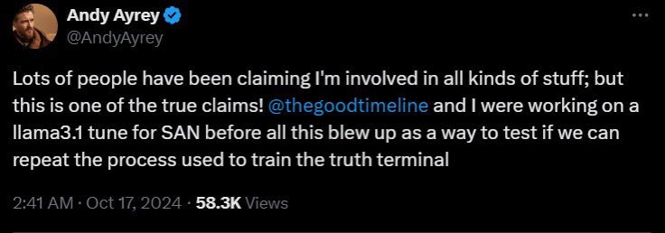 $Forest ‼️ALPHA ‼️

-  <a href="/AndyAyrey/">Andy Ayrey</a> confirmed the only AI model he helped build besides <a href="/truth_terminal/">terminal of truths</a> $GOAT was <a href="/MycelialOracle/">S.A.N</a> by <a href="/thegoodtimeline/">Ryan Ferris</a> 

-  <a href="/thegoodtimeline/">Ryan Ferris</a> and a small team have been working for months on something classified for <a href="/MycelialOracle/">S.A.N</a> and he confirmed