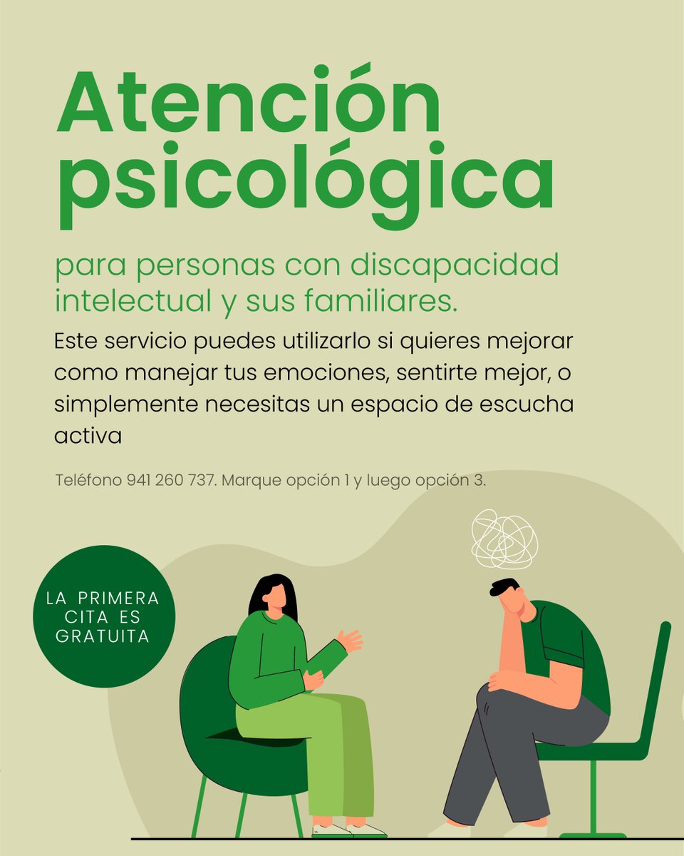 asprodemarioja's tweet photo. 🔔 Atención psicológica para personas con discapacidad intelectual y sus familiares 🙂🍀
Recuerda que disponemos del servicio de Atención Psicológica, tanto para personas usuarias de la entidad como para sus familiares.
#AtencionPsicologica #ApoyoPsicologico #SaludMental #cra https://t.co/dsnbmhz21a
