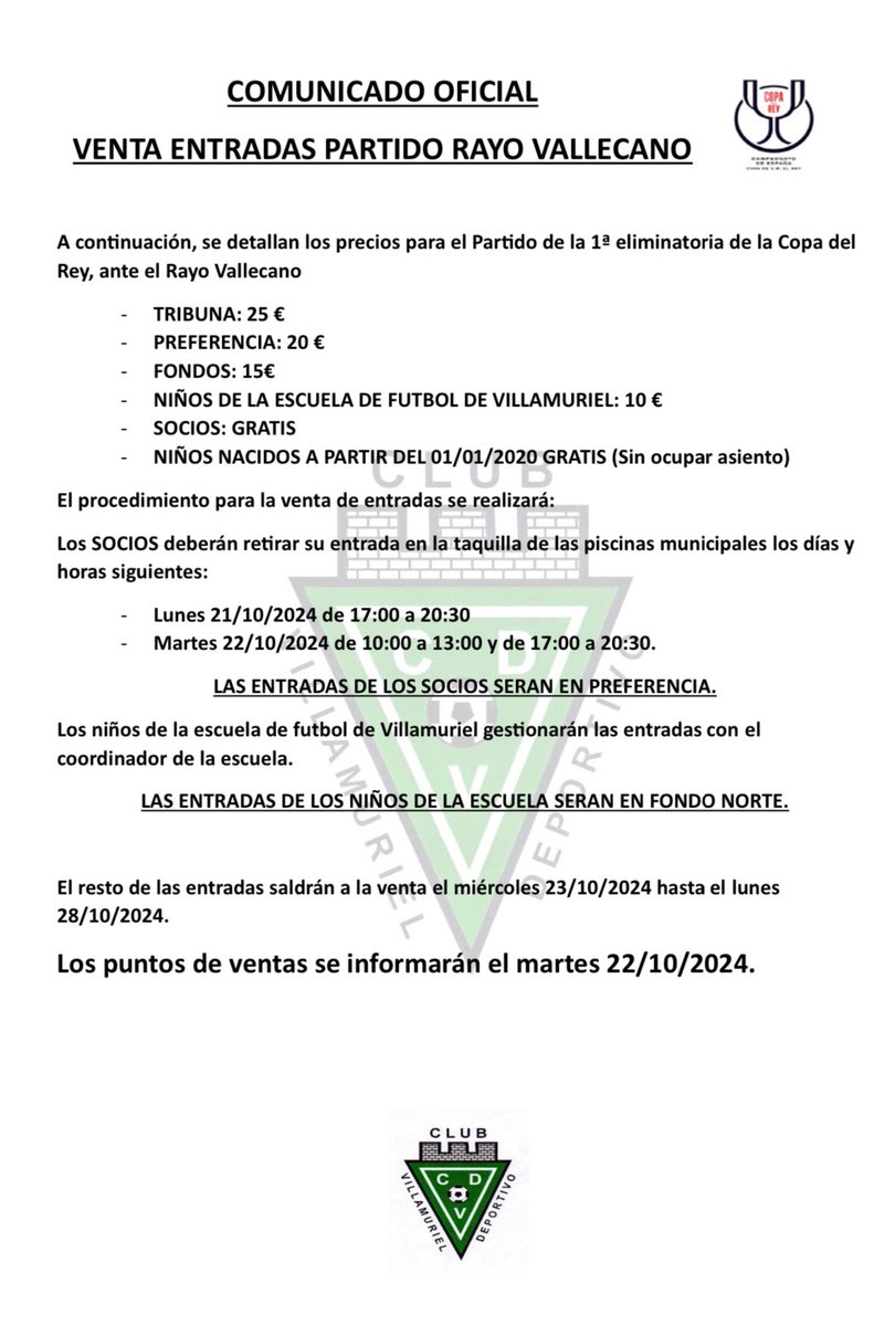 CDVillamuriel's tweet photo. 🔴NOTA
Mañana a partir de las 17:00H los socios pueden pasar a retirar su entrada gratuita y adquirir las que consideren pagando su importe.
Para retirar la entrada gratuita es obligatorio presentar el Canet de Socio. https://t.co/IGwy3voByL