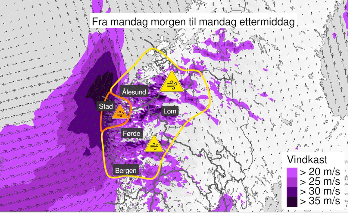 Mandag morgen ventes lokalt svært kraftige vindkast nord for Sognefjorden til og med Sunnmøre. Sterk storm, kan hende orkan på kysten. Bruer kan bli stengt, ferjer innstilt, trær kan falle over vegene. Unngå ferdsel på utsatte steder. Se vegvesen.no/trafikk for oppdatert info