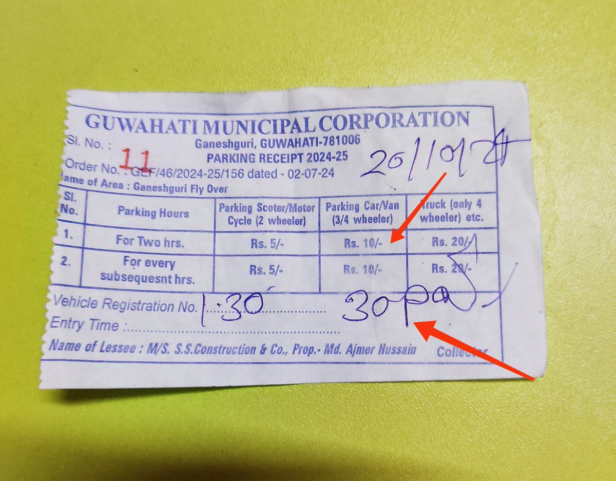 Pranab022's tweet photo. @gpsinghips @gmc_guwahati i prked my car under ganeshguri bridge for 1hr but in prking place they chrged me ₹30 instd of ₹10 just bcoz he has written it over this ticket but in ticket ₹10 is clrly shwn for hr. Who gve them permission to chrge xtra? Kindly look into this matter https://t.co/W7xgoGdNur