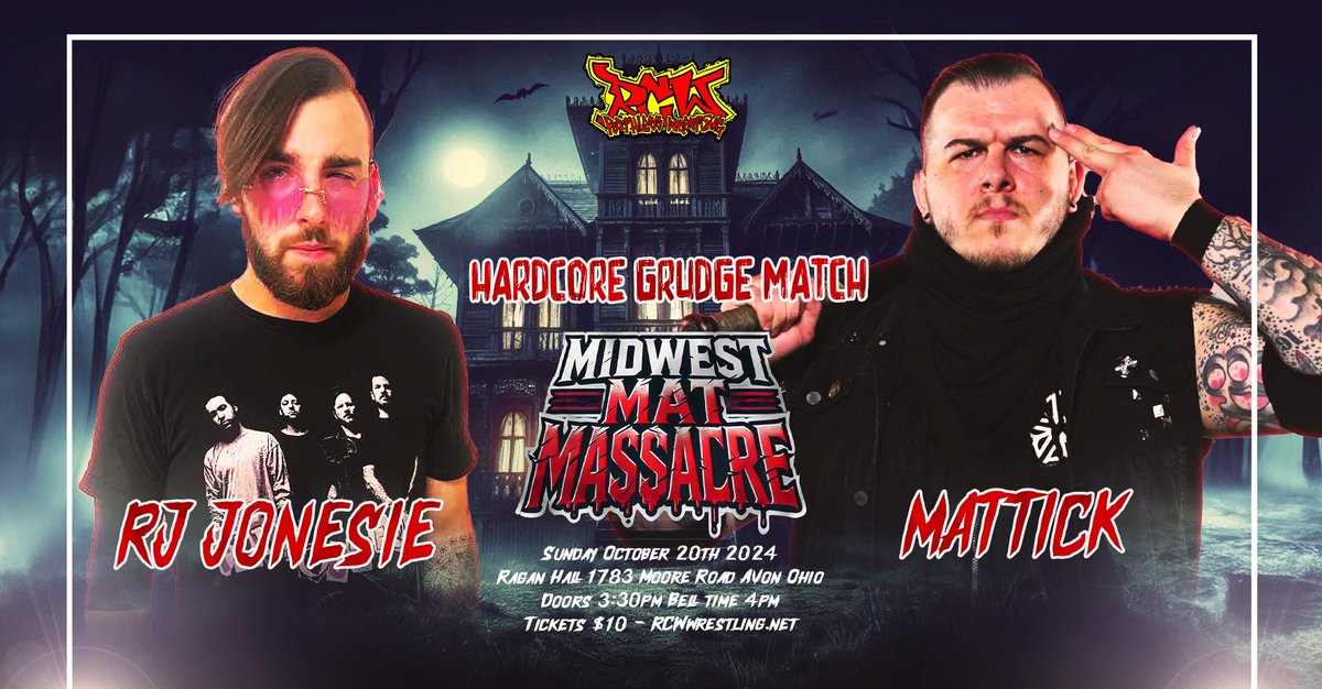 RCWrestling2002's tweet photo. TODAY! 4pm!

RJ Jonesie vs Mattick in a GRUDGE MATCH

Midwest Mat Massacre
Sunday October 20th 2024 
Ragan Hall 1783 Moore Road Avon Ohio
Doors 3:30pm Bell time 4pm
Tickets $10
https://t.co/XdPYXdTP83 for TIX! https://t.co/ouzAsYODJp