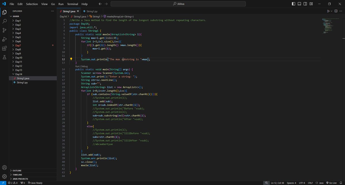 Aakarsh1388598's tweet photo. Day 14
String problem
Write a Java method to find all the substring without repeating characters, print the substring with maximum length. https://t.co/f8IwLC22z4