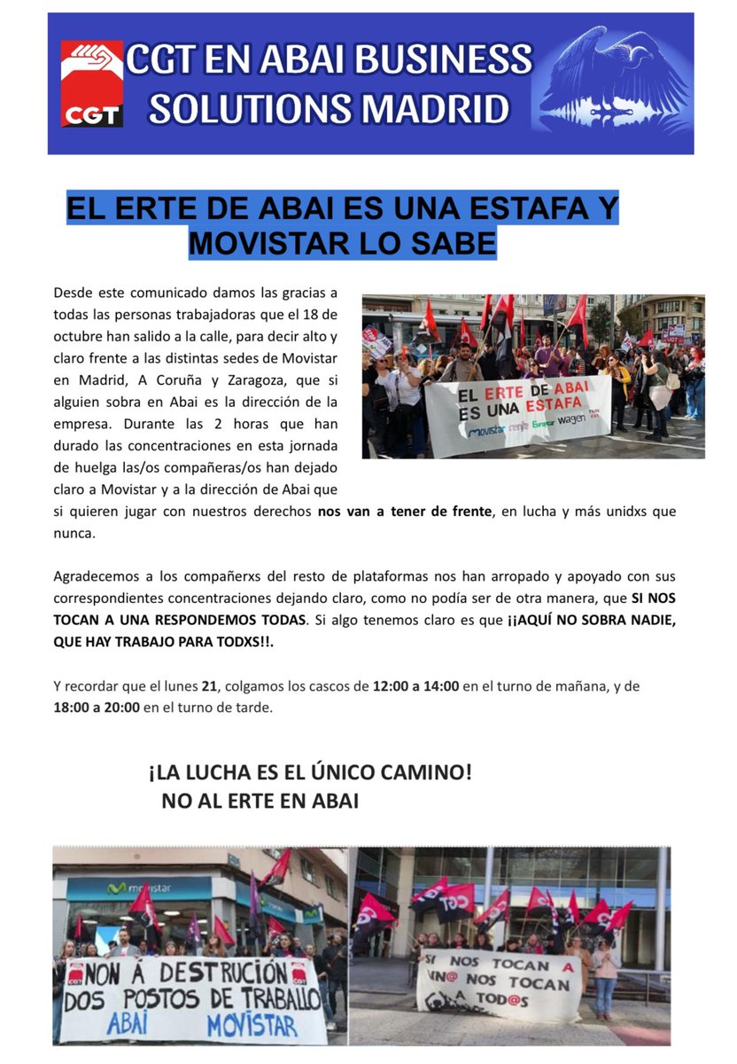 cgttelem's tweet photo. La lucha es el único camino, comunicado sobre la jornada del lucha contra el #ERTE de ABAI  en Madrid, A Coruña y Zaragoza. 

👉👉 https://t.co/39jDvjjyNc https://t.co/ZVnXAXdnJ0