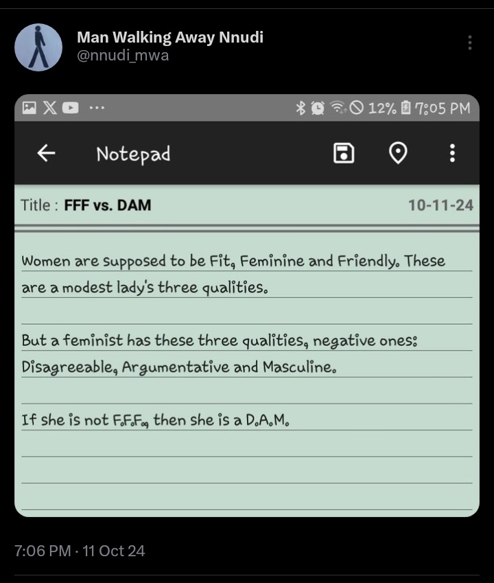 nnudi_mwa's tweet photo. Where, when and how? "Fit, Feminine and Friendly...Disagreeable, Argumentative and Masculine" into "If she is not F.F.F., then she is a D.A.M." (First raw, then perfected) #FFFvsDAM https://t.co/6siToeLVzx