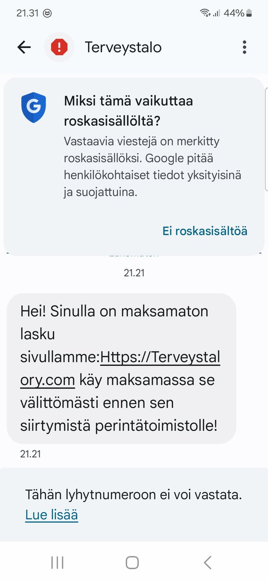 JaakkoNevanpera's tweet photo. Tällaisia huijausviestejä tällä kertaa, tämä tuli äsken tekstiviestinä. Valitettavasti tällaisiin aina jotkut haksahtaa, vaikka useimmat kyllä haistaa huijauksen löyhkän jo kilometrien päästä.
#huijaus #huijausviestit #terveystalo #lasku #tekstiviesti #linkki https://t.co/ceQGMax1GT