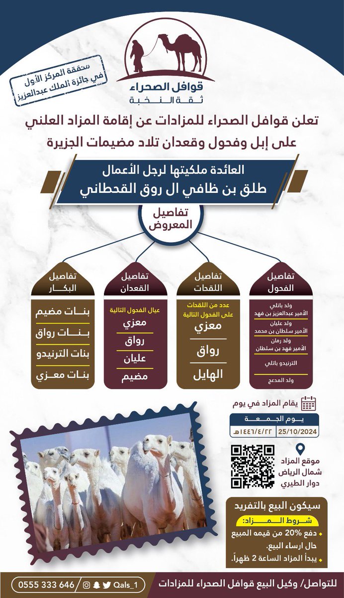 مرحبا ومسهلا بالجميع 

تشرفونا في المزاد المقام يوم الجمعة ٢٢/٤/١٤٤٦ الموافق ٢٥/١٠/٢٠٢٤ 

الموقع دوار الطيري 

برعاية مؤسسة قوافل الصحراء للمزادات <a href="/Qals_1/">قوافل الصحراء للمزادات</a>