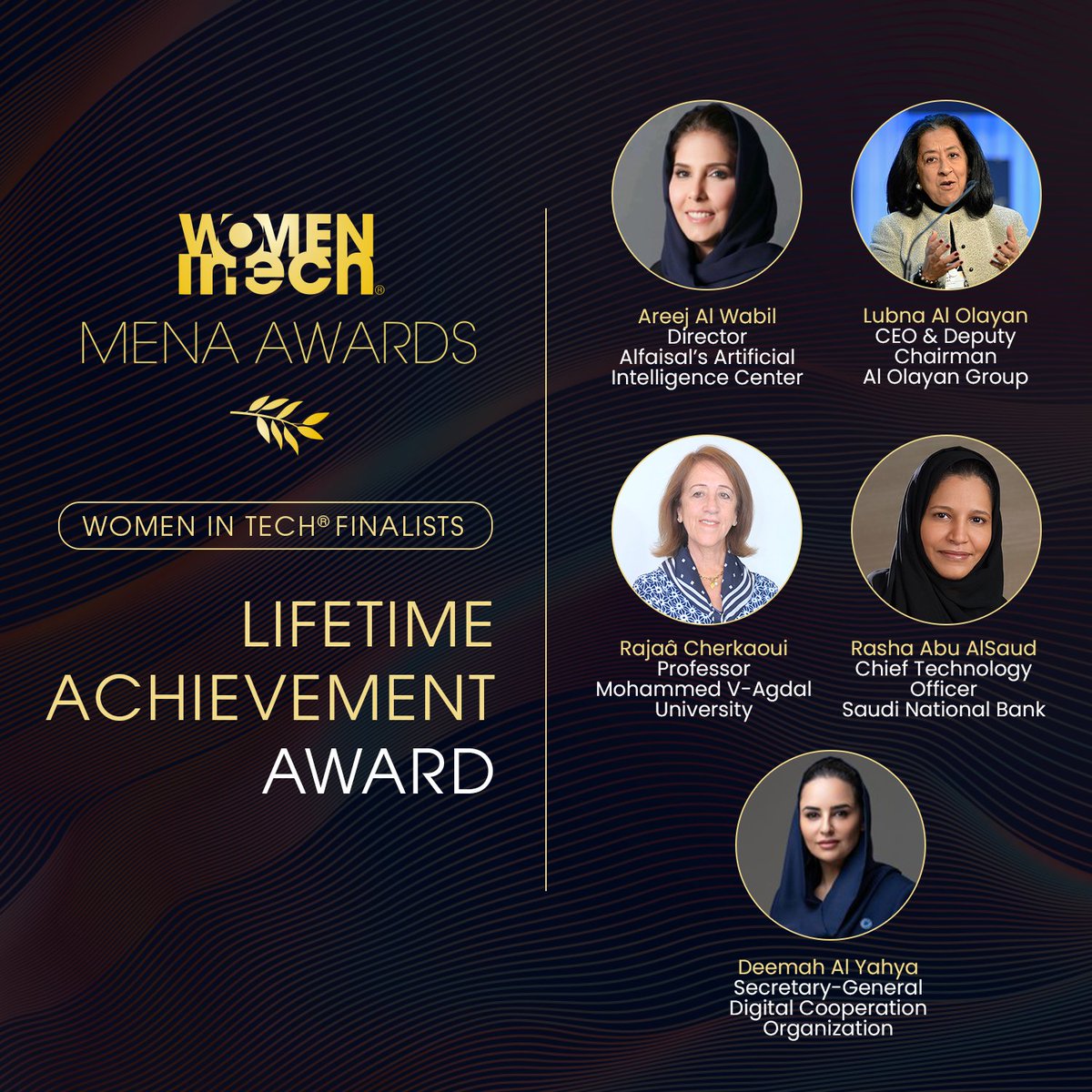 WomenInTechOrg's tweet photo. Achievement is not about what you accomplish, but what you inspire others to do.
The Lifetime Achievement Award is the most prestigious category, recognizing a woman’s lifelong dedication to the tech industry. This award highlights her achievements, influence, and long-term impact on the field, celebrating a career of sustained excellence and leadership in technology.
Drum roll please...🥁🥁🥁 and the nominees are;
🏆 Areej Al-Wabil
🏆 Lubna Al Olayan
🏆 Rajaâ Cherkaoui
🏆 Rasha Abu AlSaud
🏆 Deemah AlYahya
7 days to go till the MENA Awards Riyadh, Saudi Arabia, 27 October 2024! The winner of the category will be the finalists in the Global Awards happening in Paris on the 14th of November 2024. 🎉
For more Information on our awards : https://t.co/QalvIhX1Q2
#WITGA24 #womenintech #womeninstem