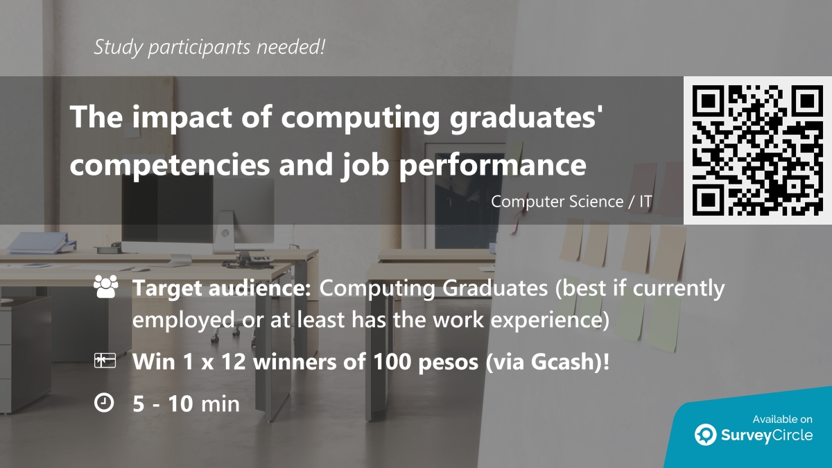 daily_research's tweet image. Participants needed for online survey!

Topic: &quot;The impact of computing graduates&apos; competencies and job performance&quot; surveycircle.com/YC39V4/ via @SurveyCircle

#ComputingGraduates #JobPerformance #emc #survey #surveycircle
