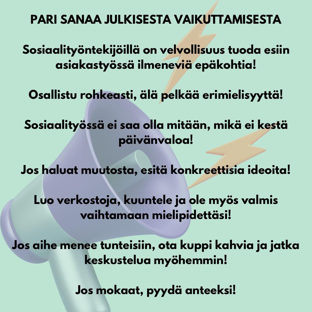 pari_sanaa's tweet image. Vaikuttaminen yhteiskunnan eriarvoistaviin rakenteisiin ja sitä kautta julkinen puhe kuuluu sosiaalityöntekijöiden työhön. 

Tällaiset ovat meidän vaikuttamistyön peruspilarit, joiden äärelle säännöllisesti on hyvä pysähtyä ☕️