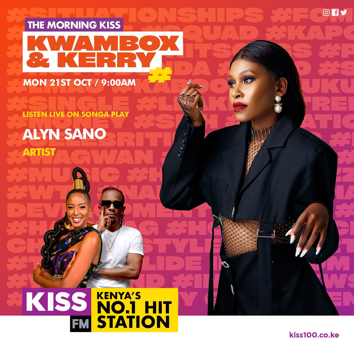 alynsano's tweet photo. Hello Kenya, catch me live at @Kiss100kenya tomorrow morning with Kwambox and Mr Kerry
#TAMUSANA https://t.co/RHfyupQIz5