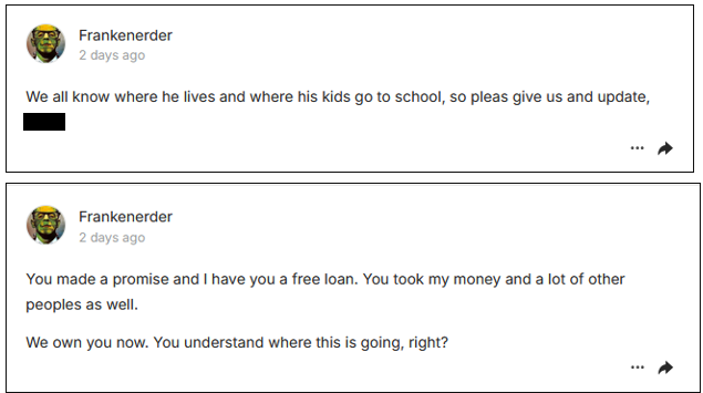 I don't care how frustrated you are that a Kickstarter is late, or the pledge manager hasn't opened...or whatever the issue is.  Comments like this are completely unacceptable, and frankly, criminal.