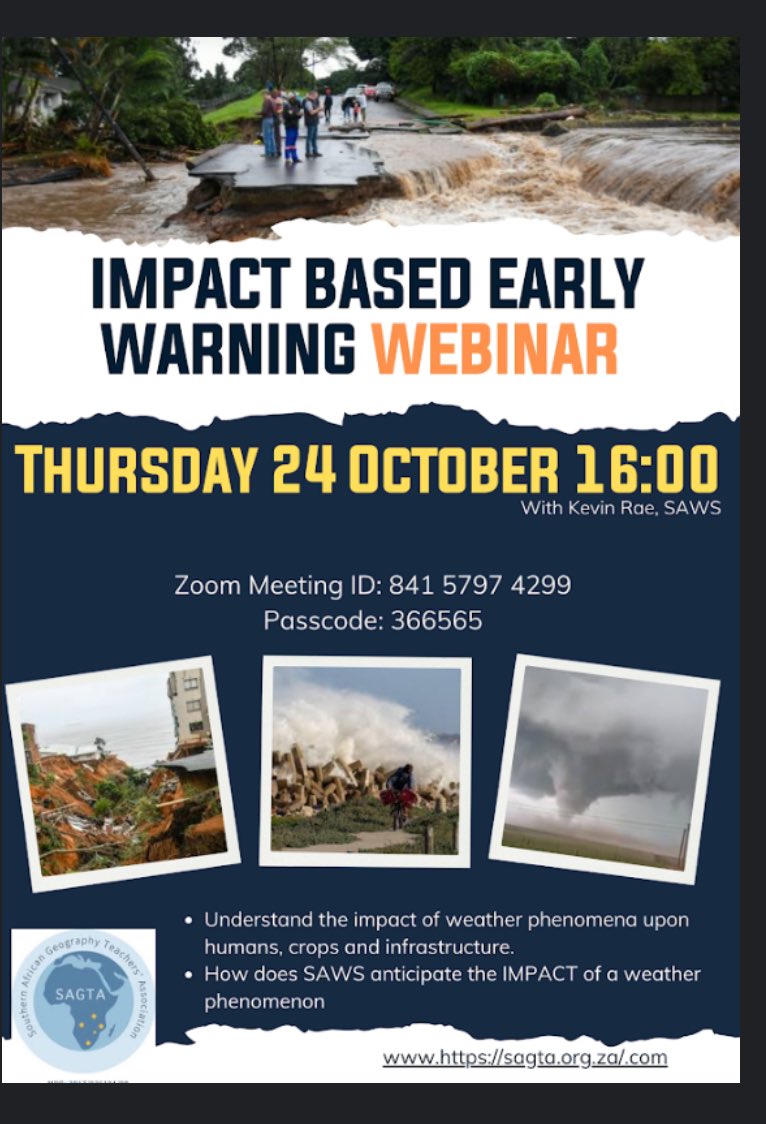 SAGeogTA's tweet photo. Join us for the SAGTA webinar featuring Kevin Rae from SA Weather Service, as he delves into impact-based early warnings. Date: Thursday 24 October at 16:00
Join Zoom Meeting
https://t.co/YIwSnjQ8xn
Meeting ID: 841 5797 4299
Passcode: 366565
Don't miss this insightful talk! https://t.co/Wm8UP8rdzS