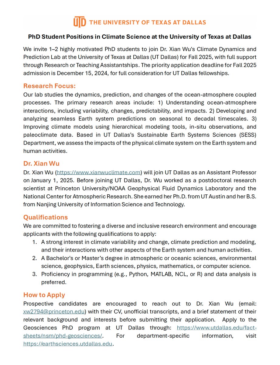 I’m joining <a href="/UT_Dallas/">UT Dallas</a> as an Assistant Professor starting January 1, 2025, and I’m looking for 1–2 #PhD students to join my lab to study Climate Dynamics and Prediction. Feel free to reach out, and retweets are appreciated!