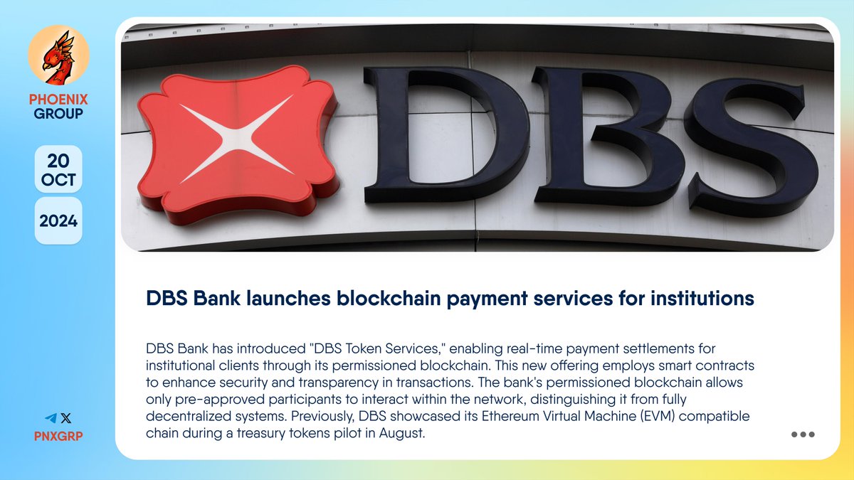 pnxgrp's tweet image. 🔥 @dbsbank launches blockchain payment services for institutions

#DBSBank has introduced "DBS Token Services," enabling real-time payment settlements for institutional clients through its permissioned #blockchain. This new offering employs smart contracts to enhance security