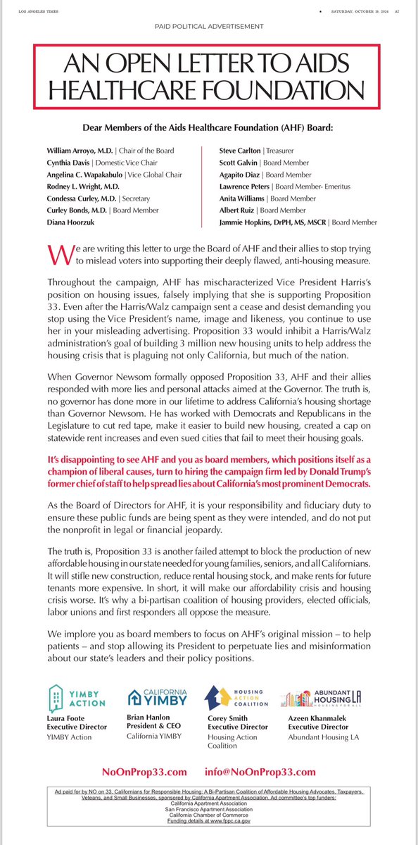 VoteNoOnProp33's tweet photo. NEW: Housing advocates have come together to urge the Board of AHF and their allies to stop trying to mislead voters into supporting their deeply flawed, anti-housing measure.

See the letter in the @latimes ➡️📰 https://t.co/6km4mTyrRq