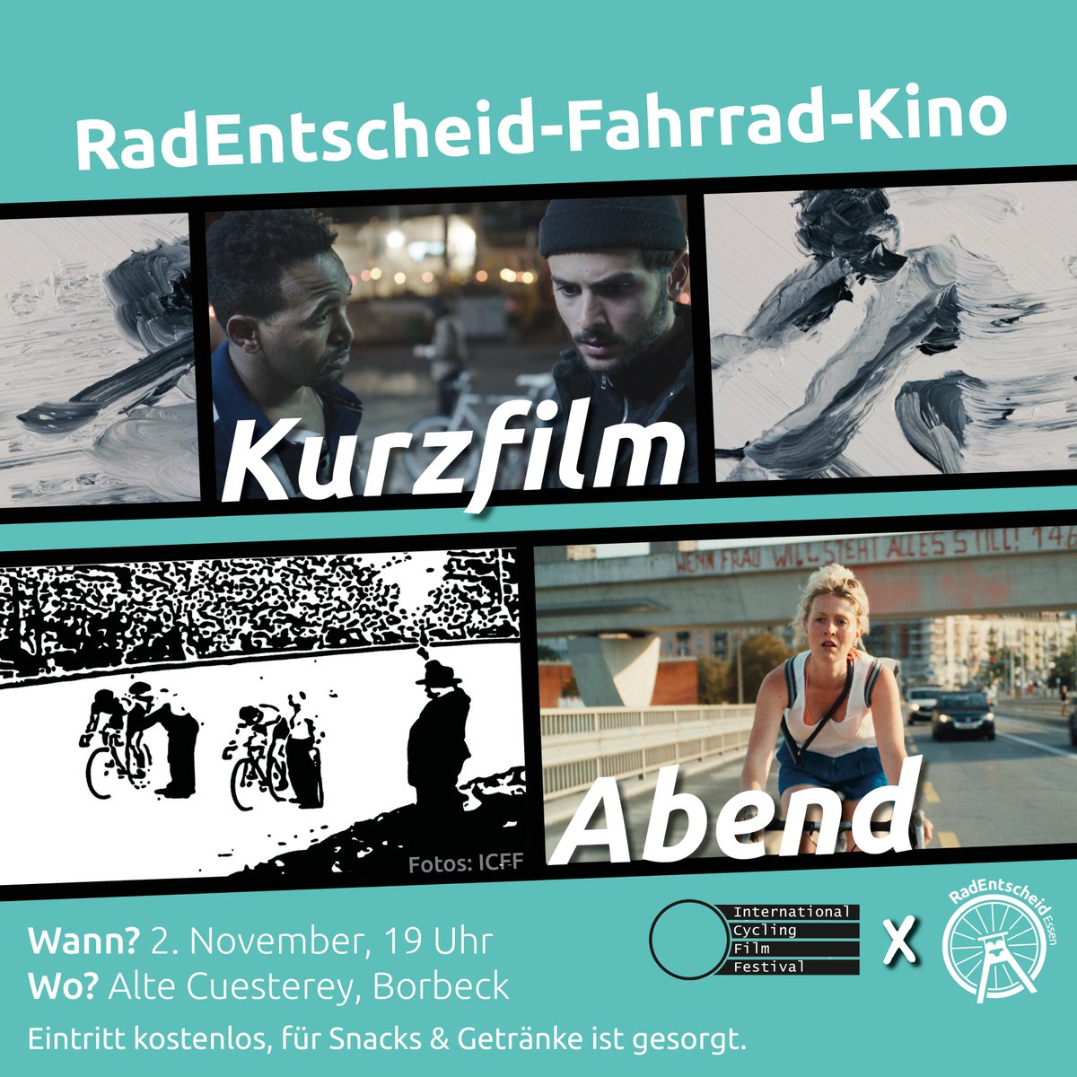 Es ist wieder RadEntscheid-Kino-Zeit! 📷
Wer immer schon mal zum International Cycling Film Festival (ICFF) in Herne wollte , kann sich jetzt freuen: Es kommt zu uns nach Essen, am Freitag, 2. November 2024, um 19:00 Uhr in der Alten Cuesterey in Borbeck.