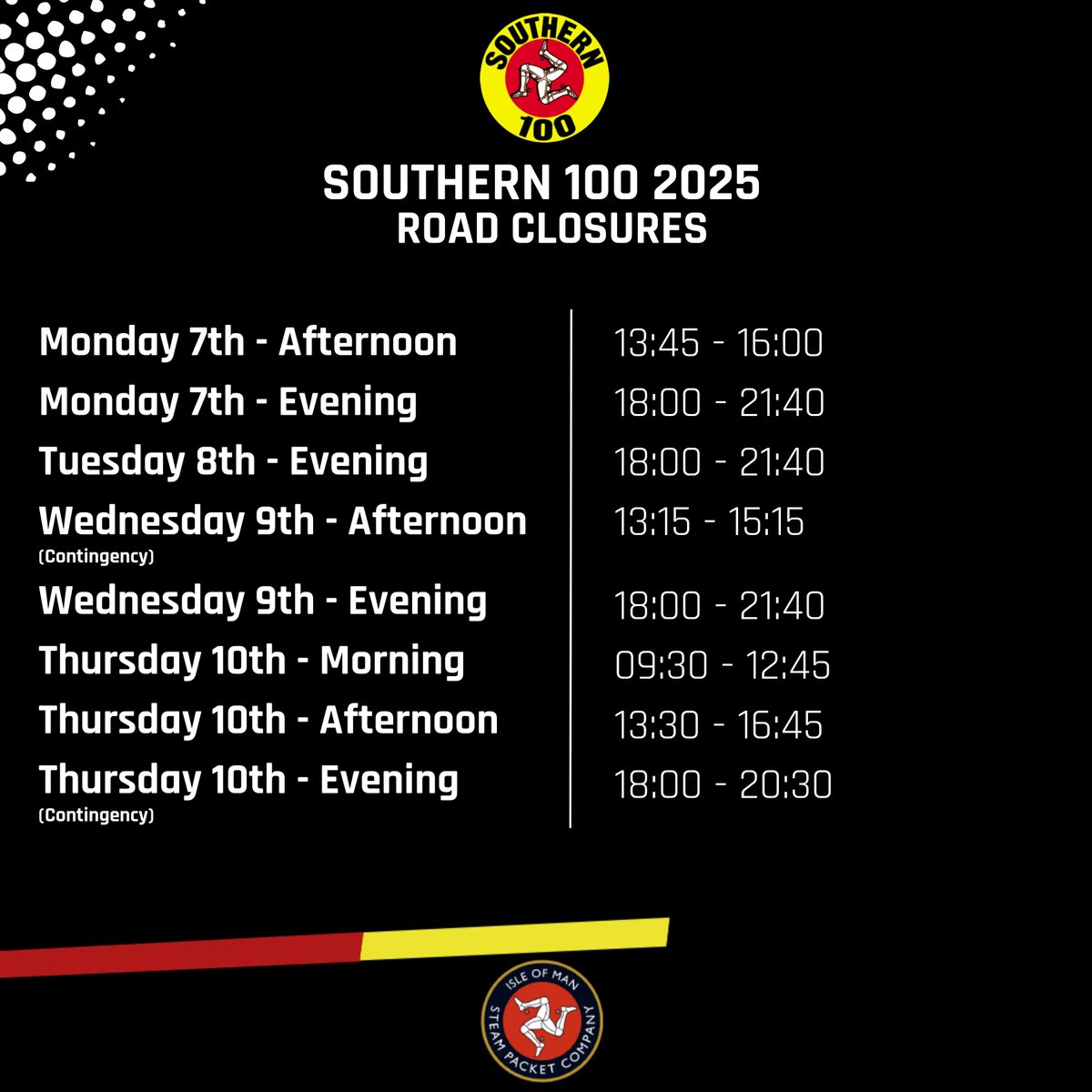 ICYMI: We are proposing to amend the practice and race schedule for the 70th Anniversary of the Isle of Man Steam Packet Company Southern 100. 

Attached is the proposed road closure schedule subject to the road closing orders being approved. 

🔗 southern100.com/proposed-revis…